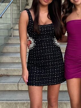 Zara Black Tweed Pearl-Embellished Mini Dress